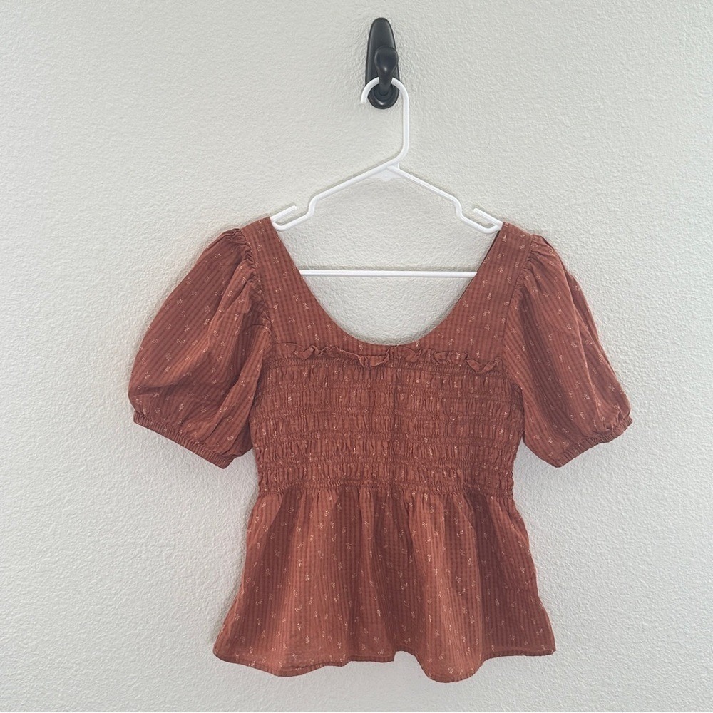 Madewell Smocked Peplum Top Womens 4 Rust Floral Puff Sleeve Square‎ Neck